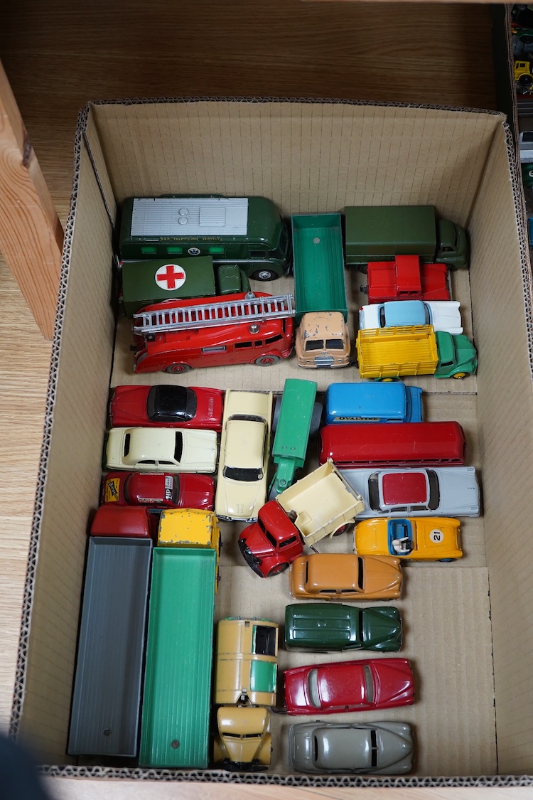 Twenty-five Dinky Toys including; Foden FG wagon, Leyland octopus wagon, TV mobile control room, Ford Zephyr, Volkswagen Karmann Ghia, Desoto Fireflite, Austin Healey 100, Hillman Minx, etc.